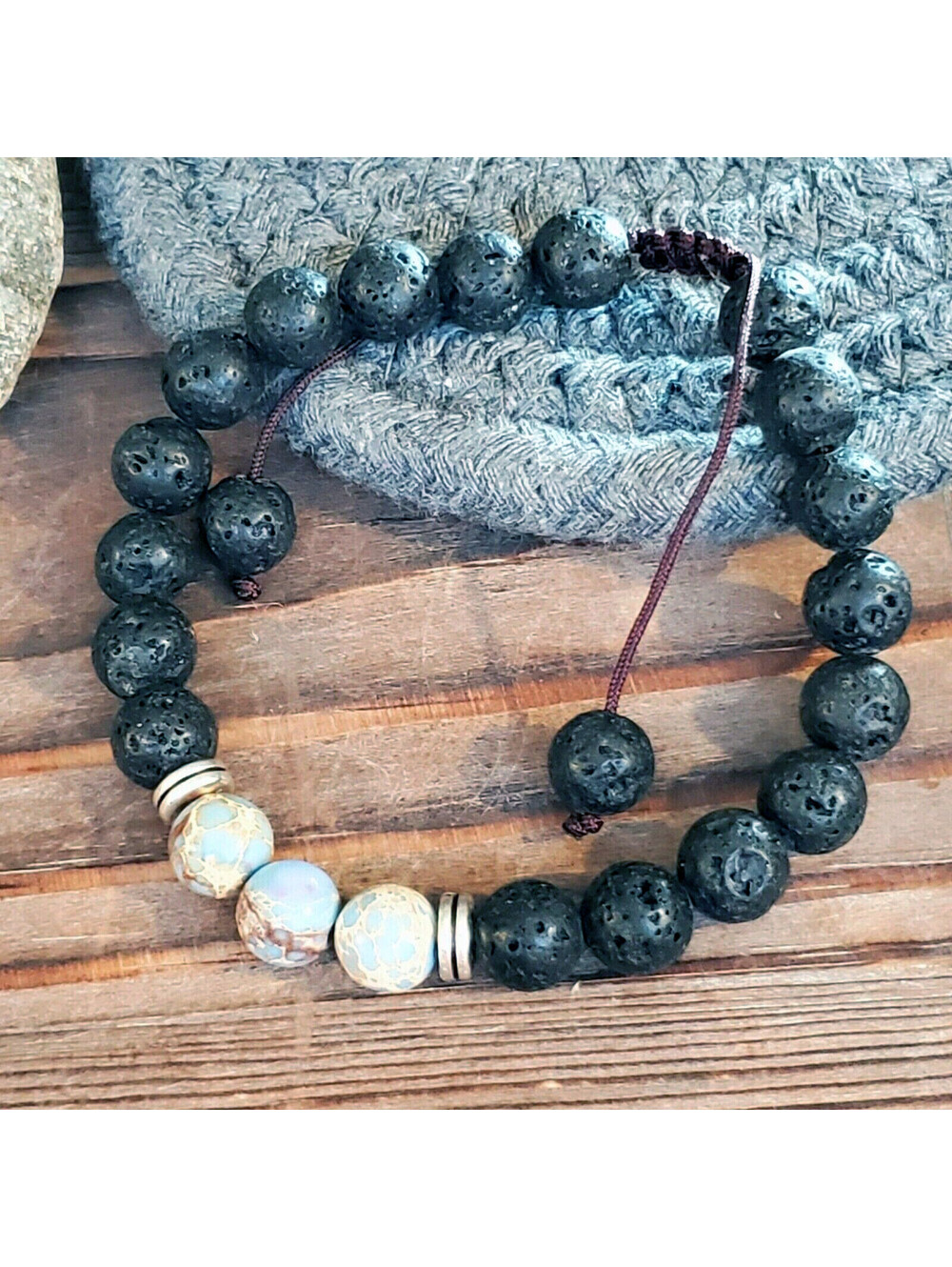 Handcrafted Chakra Bracelet Natural Blue and Tan Aqua Terra Jasper Black Lava